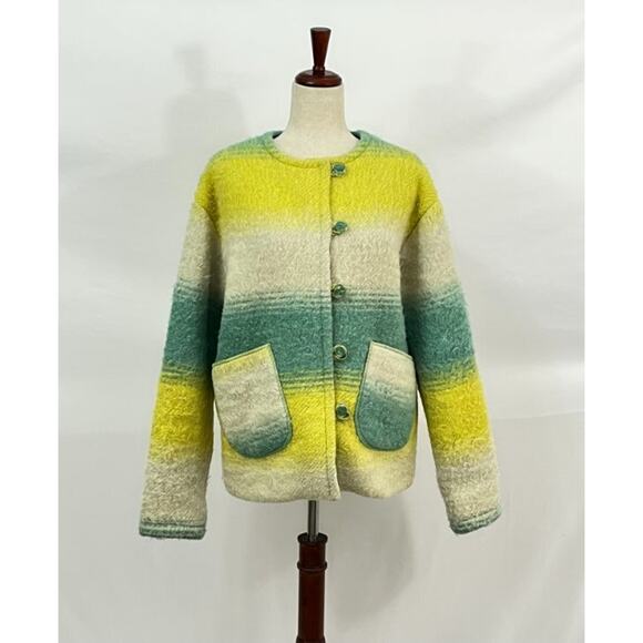 MASHA MARIA Sz S Small Upcycled Wool Coat Jacket Teal Yellow - Picture 7 of 7